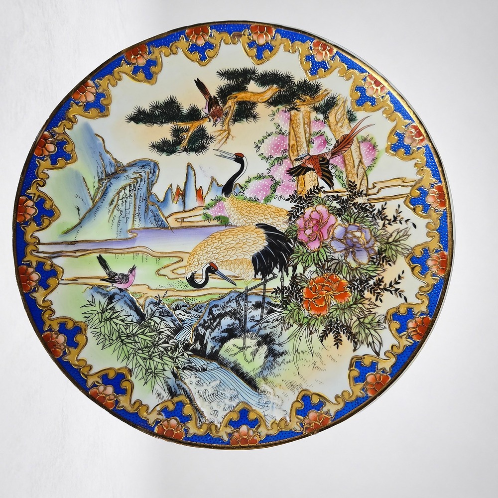 Chinese Porcelain Plate Painted Cranes Peonies Pine Gold Trim Cobalt Rim 10 in